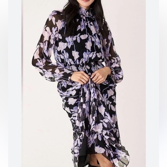 O.P.T Purple floral High Neck Smock Midi Flowy Dress‎ Size XS - Picture 1 of 12